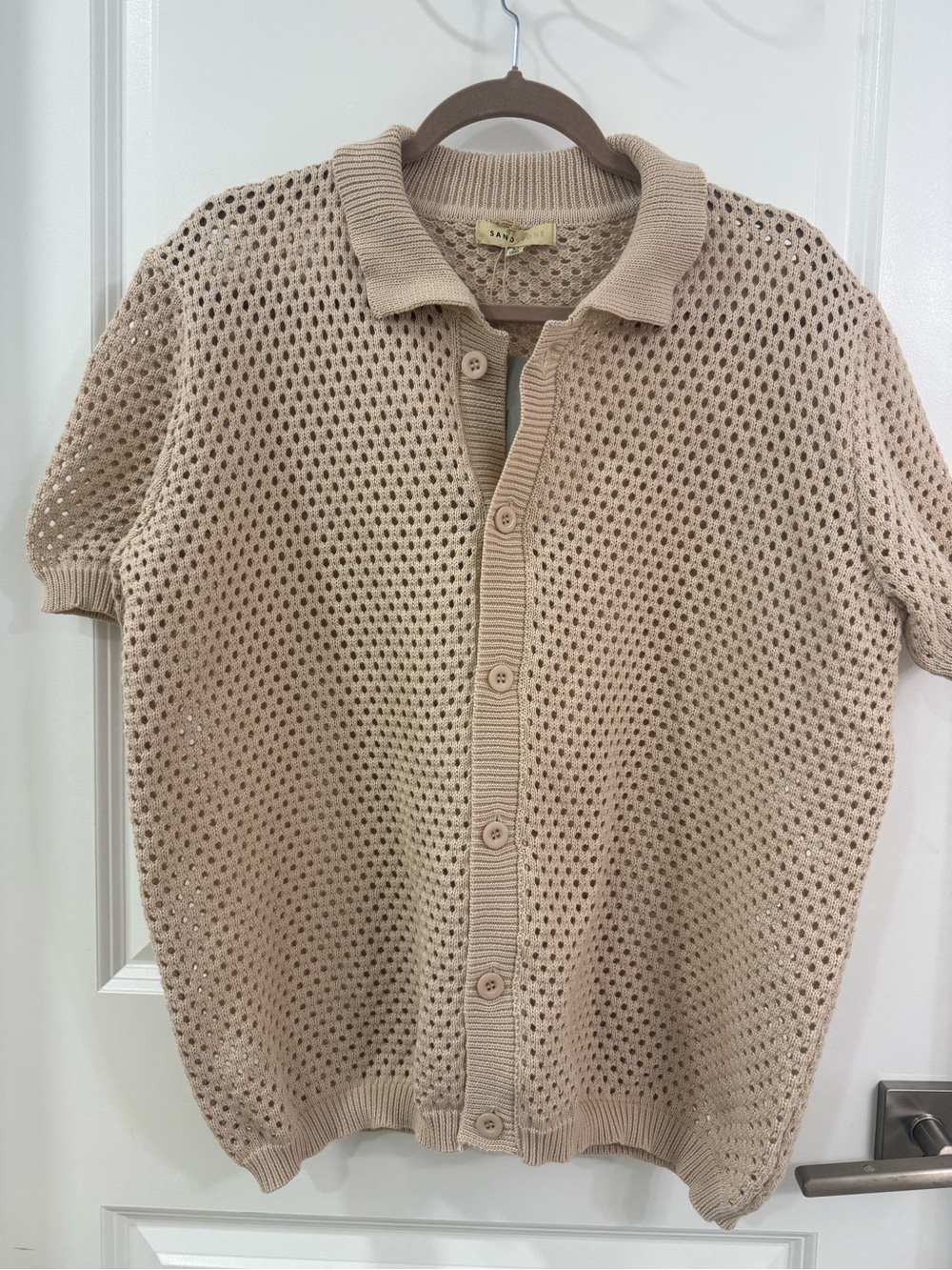 Beige Knit Short-Sleeve Button-Down Shirt - Casual Polo Style